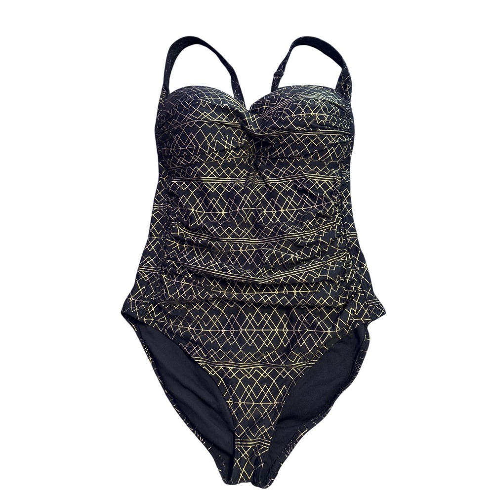 Nip Tuck Swim Joanne Deco Foil Black Gold Tummy Control One Piece Swimsuit 10